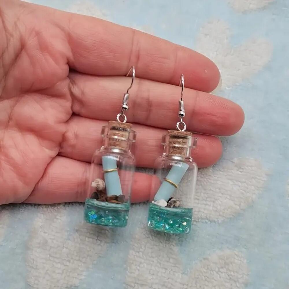 Cute Message in a Bottle, Ocean, Sea, Nautical Glass Bottle Earrings